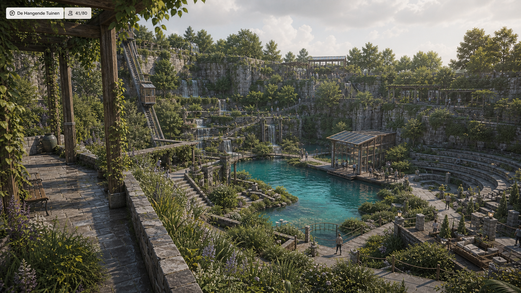Een sfeervolle virtuele wereld met groene terrassen en architectuur.