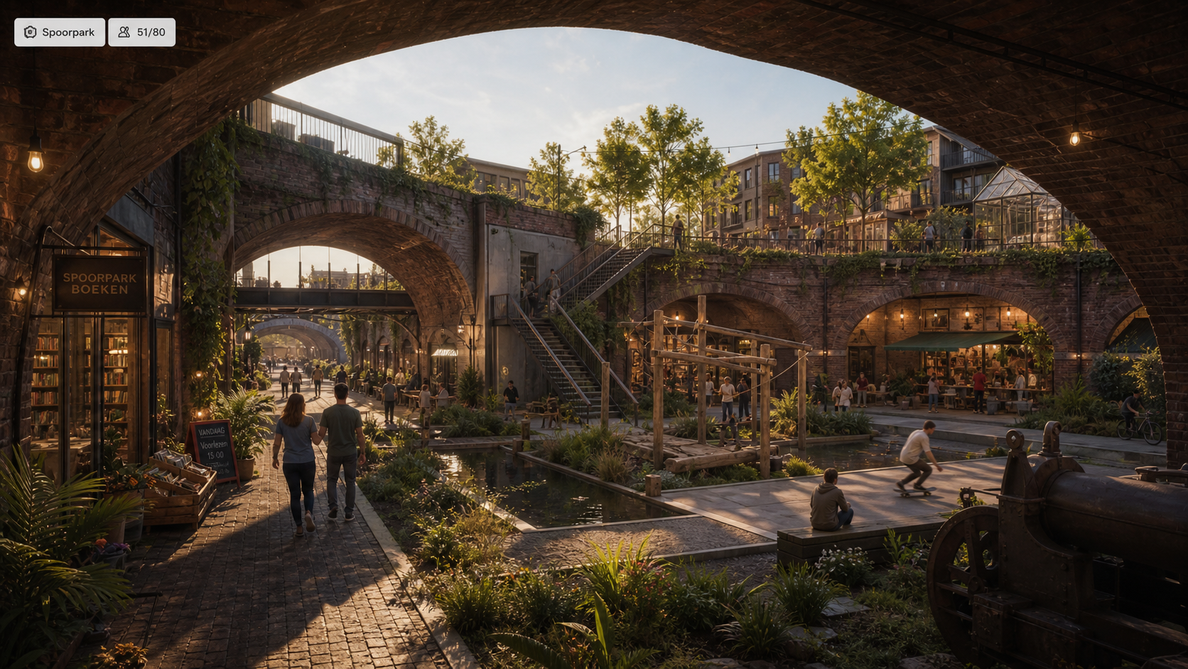 Een levendige virtuele stadswereld onder monumentale bakstenen bogen.