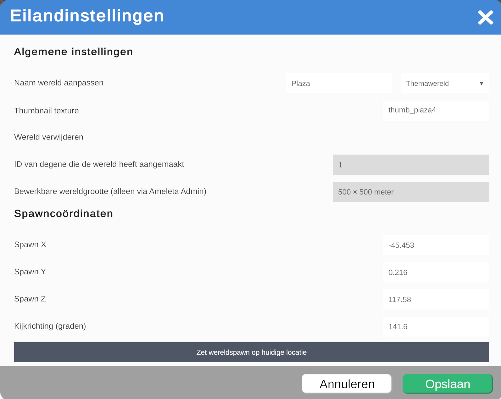Algemene eilandinstellingen met wereldnaam, spawn en wereldgrootte.