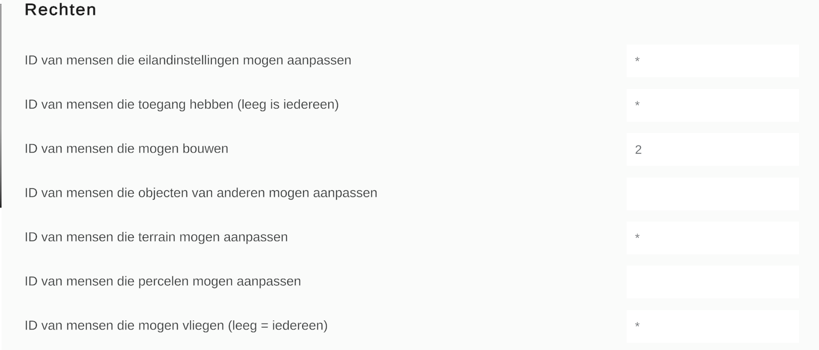 De afzonderlijke accountrechten van een Ameleta-eiland.
