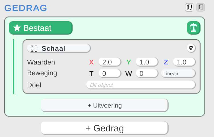Een Bestaat-trigger met een Schaal-uitvoering in de Inspector.