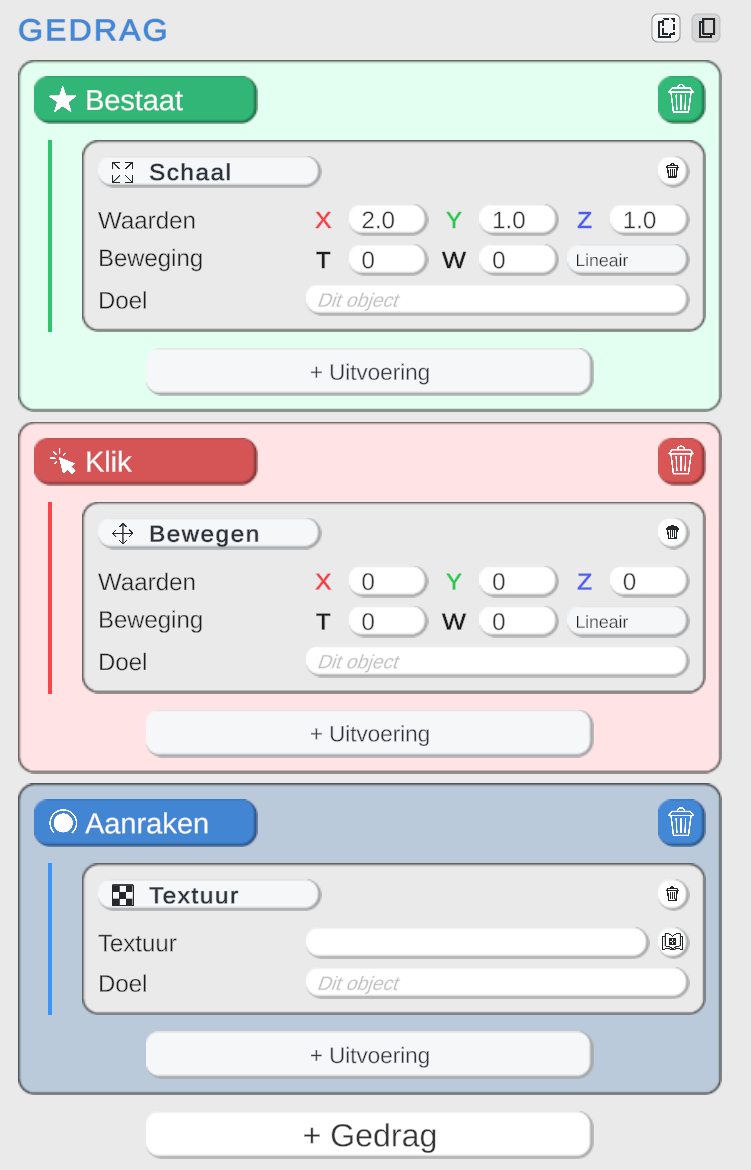 Voorbeelden van de triggers Bestaat, Klik en Aanraken.